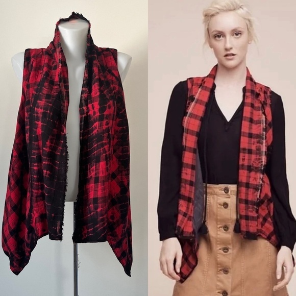 Anthropologie Elevenses Roxanne Vest  Flannel Red Black Buffalo Plaid Check Sz S - Picture 1 of 16
